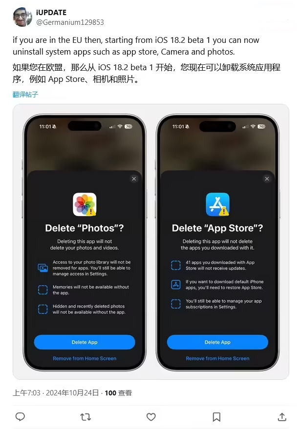 志仲镇苹果手机维修分享iOS 18.2 支持删除 App Store 应用商店 