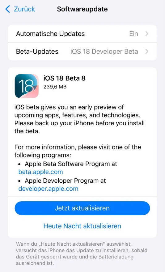 志仲镇苹果手机维修分享苹果 iOS / iPadOS 18 开发者预览版 Beta 8 发布 